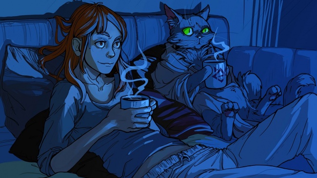 девушка и кот рисунок