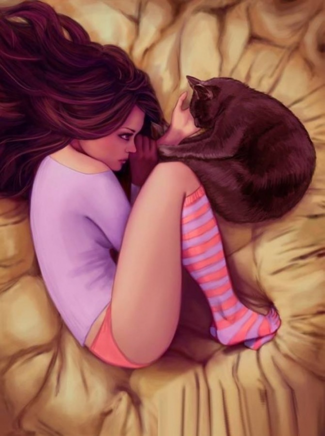 девушка лежит с котом